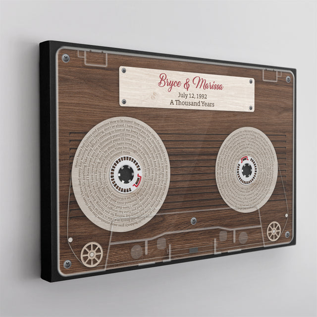 Cassette Tape Custom Song Lyrics, Customizable Text Wood Background Canvas