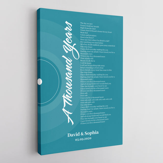 Blue Vinyl Record Canvas Print, Personalized Song Lyrics Canvas Wall Art