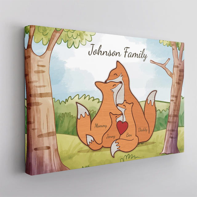 Fox Family Watercolor Canvas, Custom Family Name