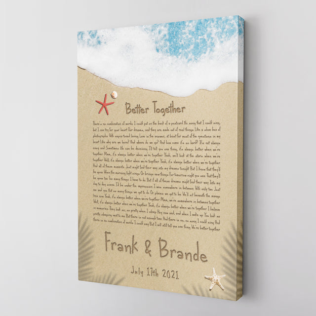 Custom Song Lyrics in The Sand Beach Canvas Wall Art, Custom Name and Date