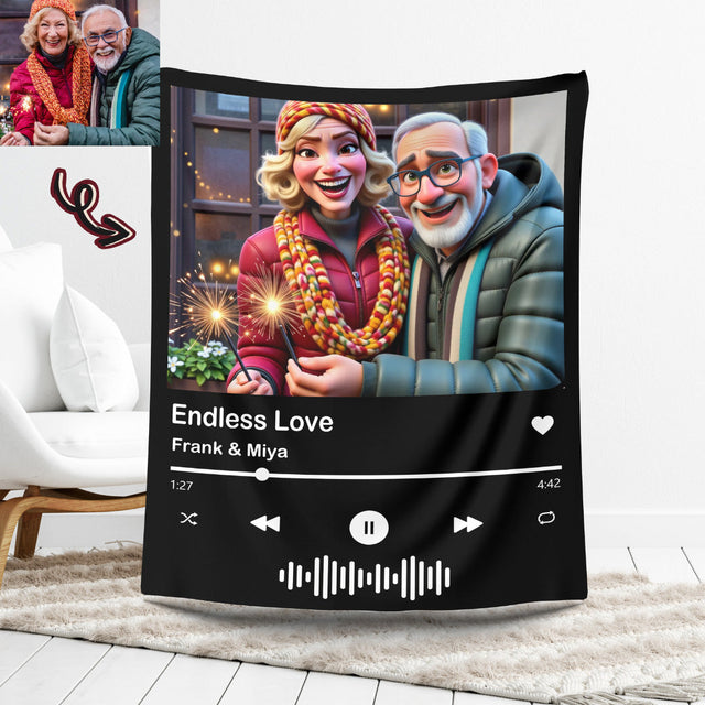 Custom Cartoon Style Photo with Spotify QR Code Blanket