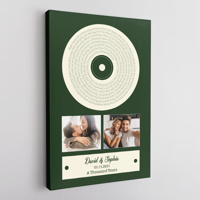 Green Vinyl Record Canvas, Custom Song Lyrics, Upload Photo, 2 Photos