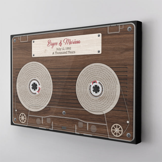 Cassette Tape Custom Song Lyrics, Customizable Text Wood Background Canvas