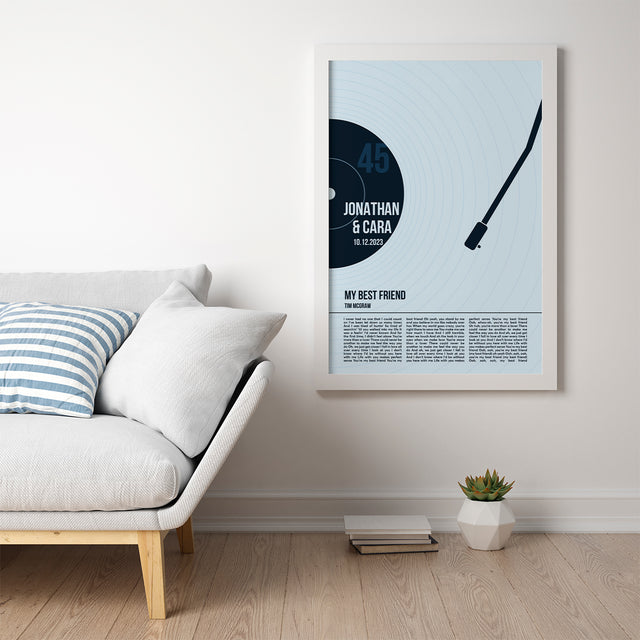 Custom Song Lyrics Framed Art Print, Ice Blue Vinyl Record Wall Art