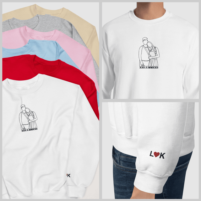 Personalized Embroidered Sweatshirt for Couples, Custom Couple Portrait Line Art