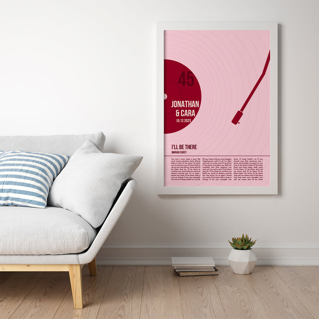 Song Lyrics Framed Print, Minimalist Tickled Pink Vinyl Record Wall Art