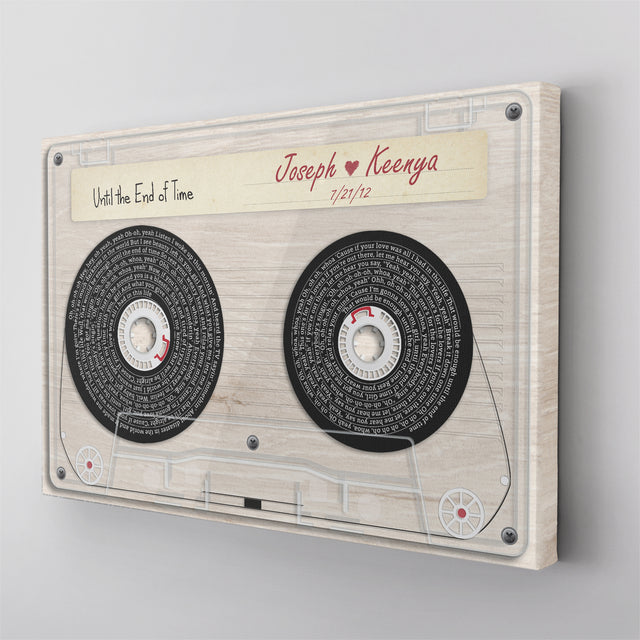 Custom Song Lyrics, Customizable Text Cassette Tape Light Wood Background Canvas