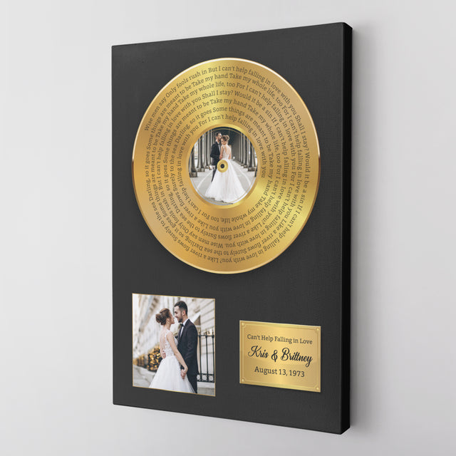 Custom Song Lyrics, Upload Photo, 2 Pictures, Customizable Text Vinyl Record Canvas, Gold Style