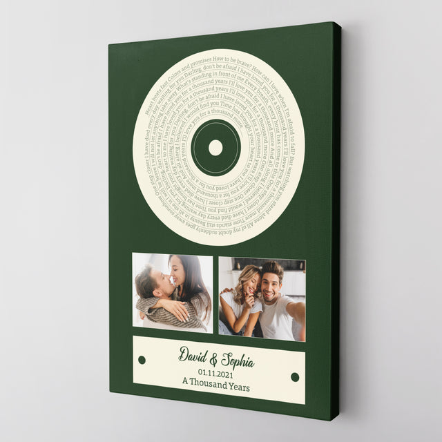Green Vinyl Record Canvas, Custom Song Lyrics, Upload Photo, 2 Photos