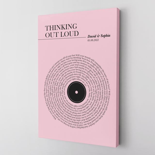 Pink Vinyl Record Canvas Print, Personalized Song Lyrics Canvas Wall Art