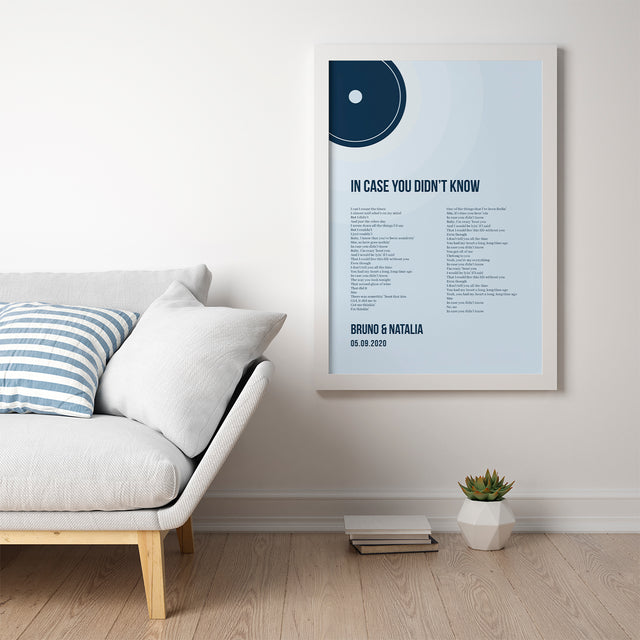 Minimalist Ice Blue Vinyl Record, Custom Song Lyrics Framed Art Print