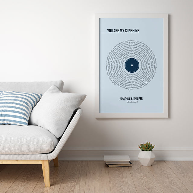 Custom Song Lyrics Print, Minimalist Pastel Blue Vinyl Record Wall Art