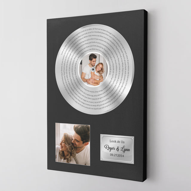Custom Song Lyrics, Upload Photo, 2 Pictures, Customizable Text Vinyl Record Canvas, Gold Style