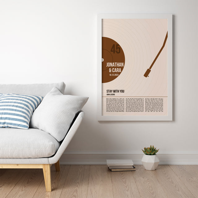 Song Lyrics Framed Print, Minimalist Sandy Vinyl Record Wall Art