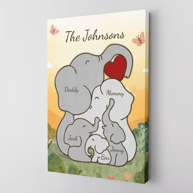 Elephant Family Watercolor Canvas, Custom Family Name
