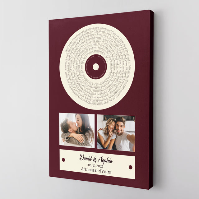 Red Vinyl Record Canvas Print, Customize Song Lyrics & Name Wall Art