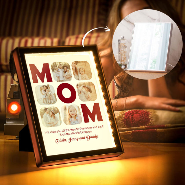 Custom LED Mirror Frame Lamp – Personalized MOM Photo Collage & Message