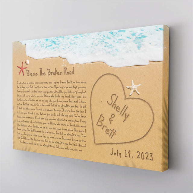 Custom Song Lyrics in The Sand Ocean Canvas Wall Art, Custom Name and Date