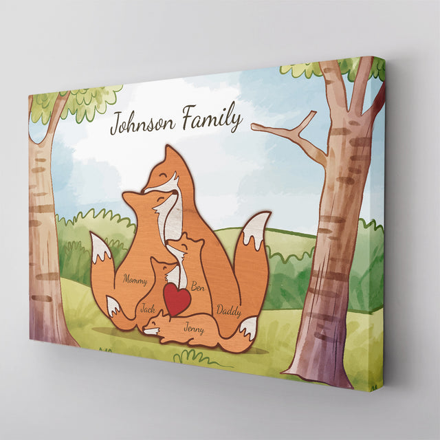 Fox Family Watercolor Canvas, Custom Family Name