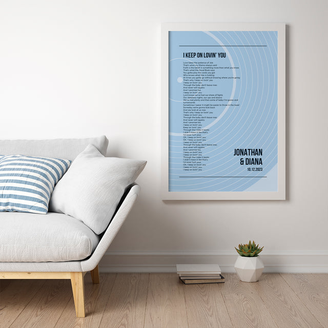 Song Lyrics Wall Art, Minimalist Ice Blue Vinyl Record Framed Art Print