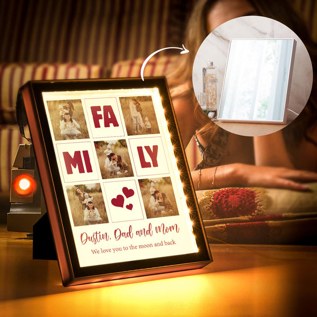 FAMILY Photo Collage with Names & Message - Custom Led Mirror Framed Lamp