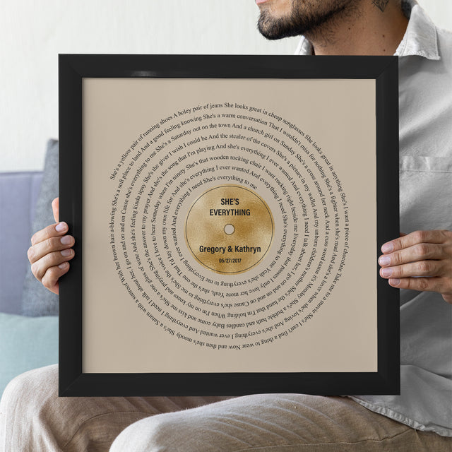 Golden Vinyl Record Lyrics Framed Art Print, Personalized Music Art
