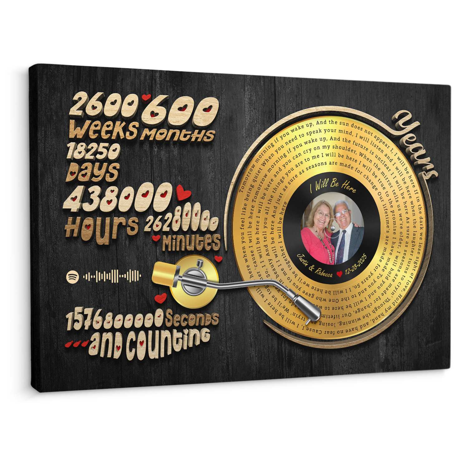 50th anniversary golden vinyl canvas with custom lyrics and photo