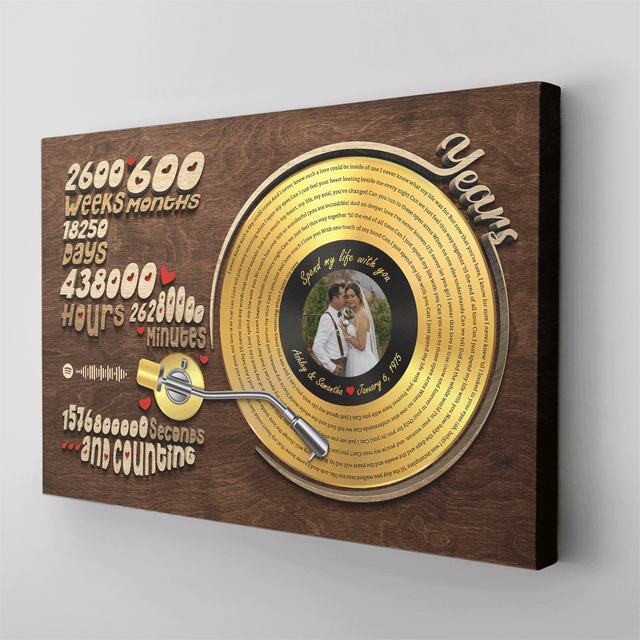 Custom vinyl record print with spiral lyrics and couple photo