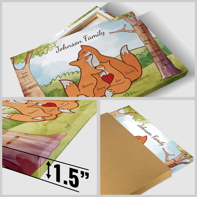 Fox Family Watercolor Canvas, Custom Family Name
