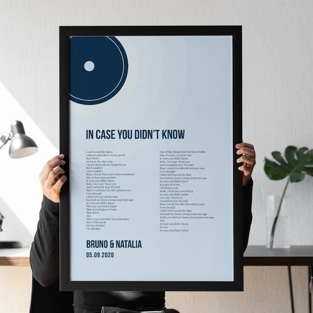 Minimalist Ice Blue Vinyl Record, Custom Song Lyrics Framed Art Print