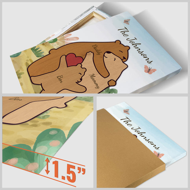 Bear Family Watercolor Canvas, Custom Family Name