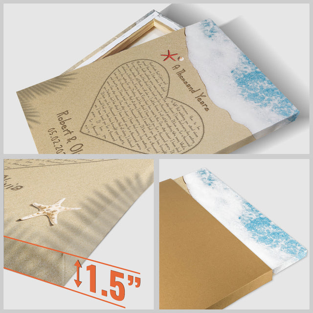 Custom Song Lyrics in The Sand Beach, Heart Shape, Canvas Wall Art, Customizable Name and Date