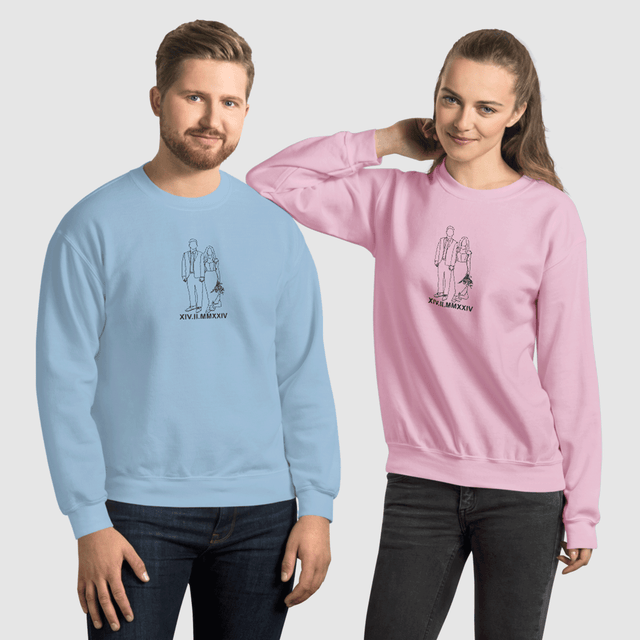 Personalized Embroidered Sweatshirt for Couples, Custom Couple Portrait Line Art
