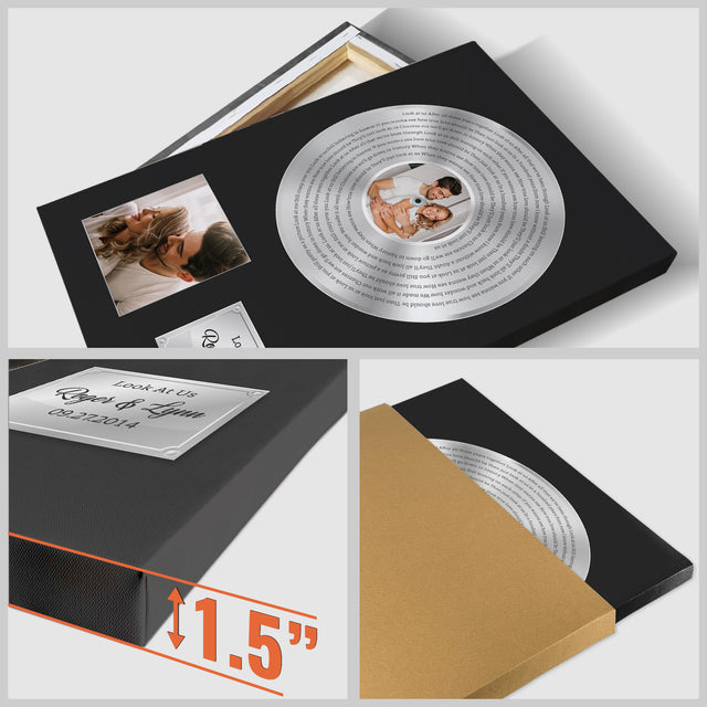 Custom Song Lyrics, Upload Photo, 2 Pictures, Customizable Text Vinyl Record Canvas, Gold Style