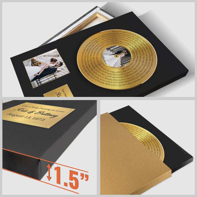Custom Song Lyrics, Upload Photo, 2 Pictures, Customizable Text Vinyl Record Canvas, Gold Style