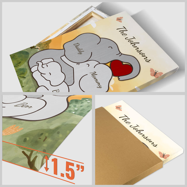 Elephant Family Watercolor Canvas, Custom Family Name