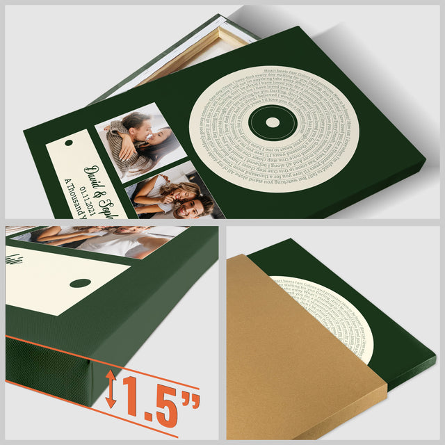 Green Vinyl Record Canvas, Custom Song Lyrics, Upload Photo, 2 Photos