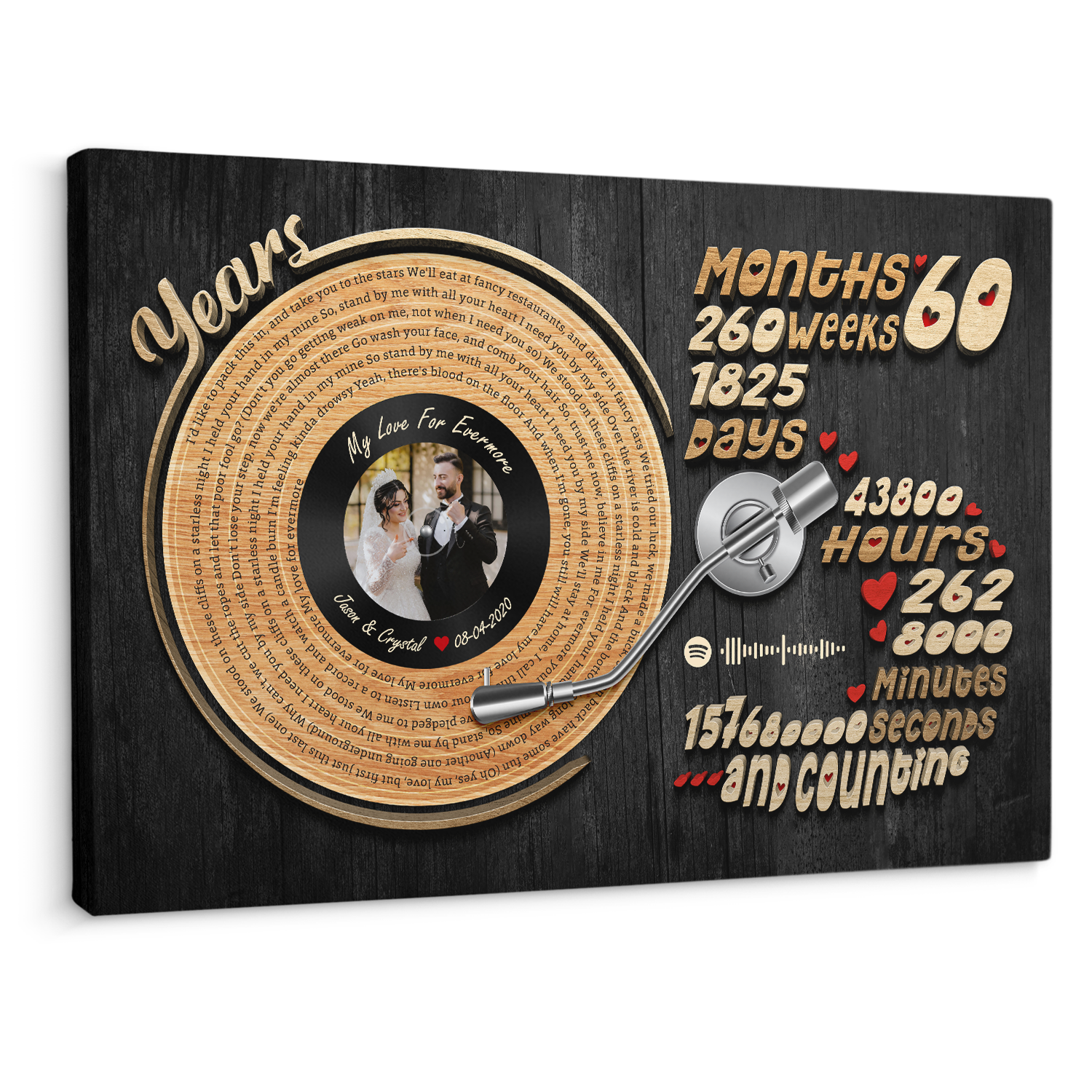 Custom 5th anniversary vinyl record canvas with lyrics and photo