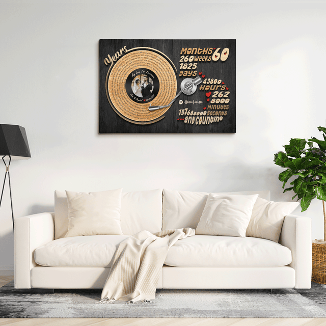 Personalized couple canvas with vintage vinyl and lyrics design