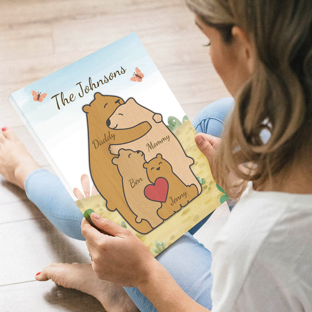 Bear Family Watercolor Canvas, Custom Family Name