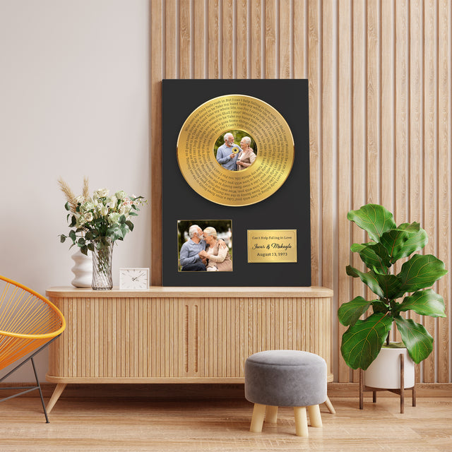 Custom Song Lyrics, Upload Photo, 2 Pictures, Customizable Text Vinyl Record Canvas, Gold Style