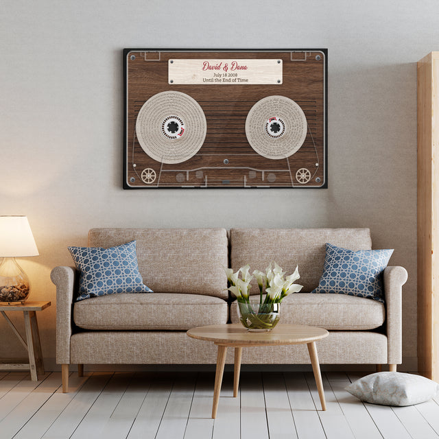 Cassette Tape Custom Song Lyrics, Customizable Text Wood Background Canvas