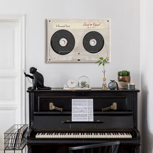 Custom Song Lyrics, Customizable Text Cassette Tape Light Wood Background Canvas