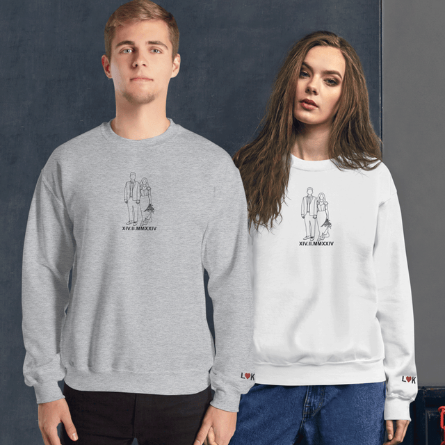 Personalized Embroidered Sweatshirt for Couples, Custom Couple Portrait Line Art