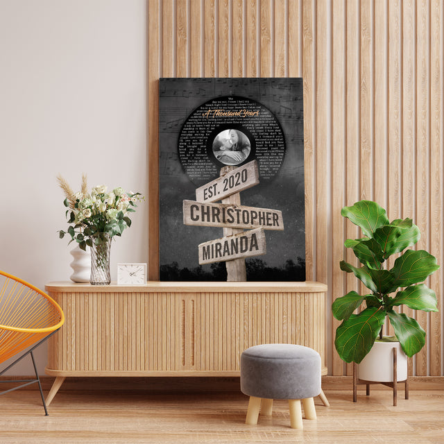 Custom Song Lyrics And Upload Photo, Vinyl Record Street Sign Style, Canvas Wall Art