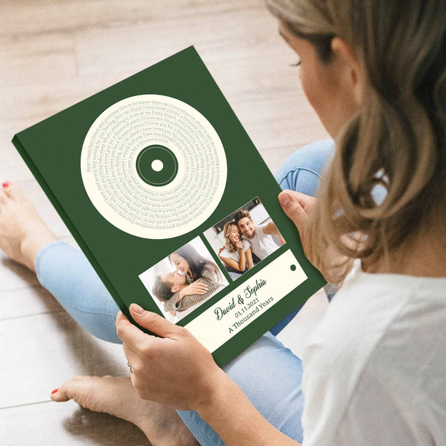 Green Vinyl Record Canvas, Custom Song Lyrics, Upload Photo, 2 Photos