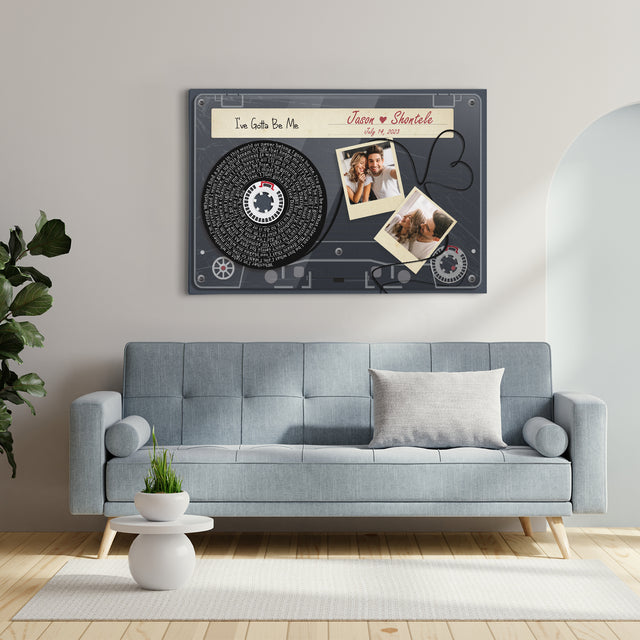 Custom Song Lyrics, Upload Photo And Customizable Text Cassette Tape Dark Blue Canvas Wall Art