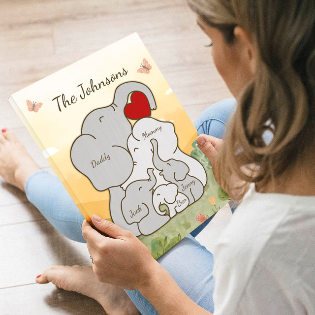 Elephant Family Watercolor Canvas, Custom Family Name