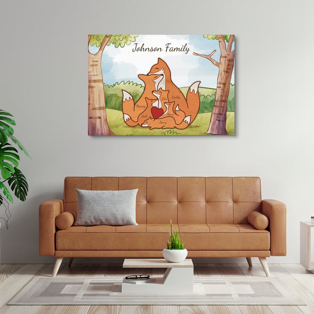 Fox Family Watercolor Canvas, Custom Family Name