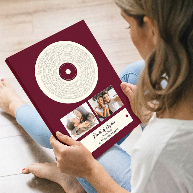 Red Vinyl Record Canvas Print, Customize Song Lyrics & Name Wall Art